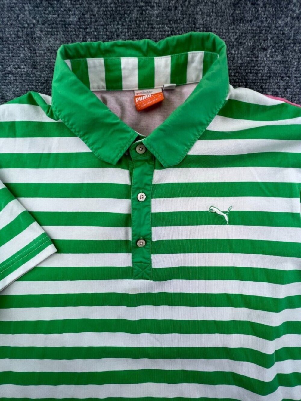 Puma Adult Mens Large Polo Short Sleeve Green Front Multicolor Back Stripe Logo